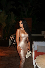LYIA” GOLD BANDAGE MIDI DRESS