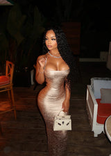 LYIA” GOLD BANDAGE MIDI DRESS