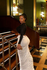 “VICKY” RUSHED V-WAIST MAXI SKIRT