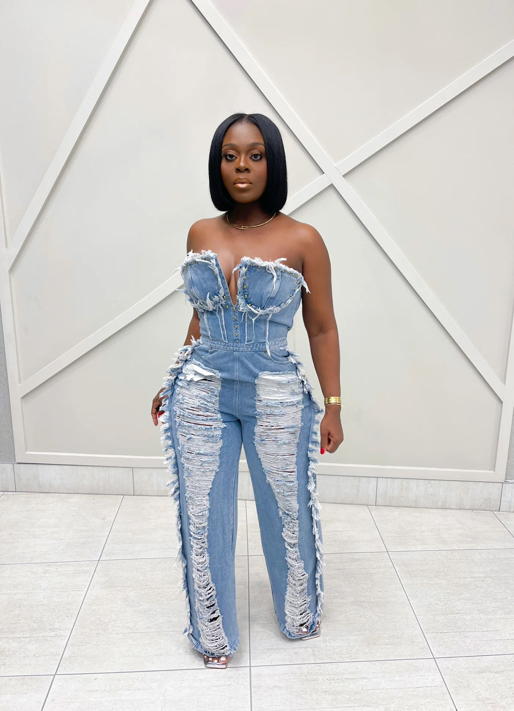 Denim Corset Top Skinny Leg Jumpsuit